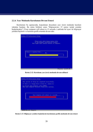 2.2.4. YazıModunda Kurulumun Devam Etmesi

       Kurulumun bu aş
                     amasında, kopyalanan dosyaları yazı(text) modunda kurulum
                                                    n
işlemine baş r. Bu iş
             lanı     lem bittikten sonra “bilgisayarı z 15 saniye içinde yeniden
                                                       nı
baş lacaktı (Your computer will reboot in 15 seconds..) ş
    latı     r”                                         eklinde bir uyarı bilgisayar
                                                                         ile
yeniden baş lıve kurulum grafik ortamda devam eder.
           latır




                Resim 2.12: Kuruluma yazı(text) modunda devam edilmesi




    Resim 2 .13: Bilgisayar yeniden baş larak kurulumun grafik modunda devam etmesi
                                      latı



                                          20
 