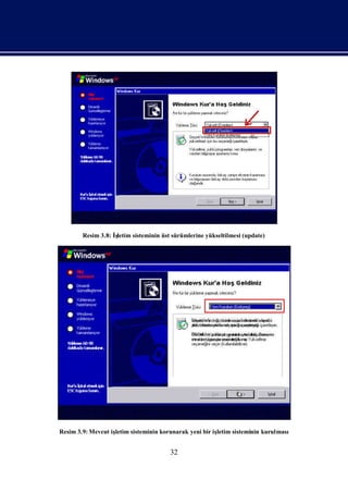 Resim 3.8: İ
                   şletim sisteminin üst sürümlerine yükseltilmesi (update)




Resim 3.9: Mevcut iş
                   letim sisteminin korunarak yeni bir iş
                                                        letim sisteminin kurulması


                                        32
 