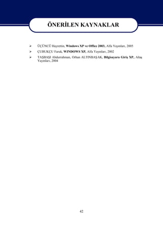 ÖNERİ
              LEN KAYNAKLAR

         ÖNERİ
             LEN KAYNAKLAR
   ÜÇÜNCÜ Hayrettin, Windows XP ve Office 2003, Alfa Yayı , 2005
                                                         nları
   ÇUBUKÇU Faruk, WINDOWS XP, Alfa Yayı , 2002
                                       nları
   TAŞ I Abdurrahman, Orhan ALTINBAŞ
       BAŞ                           AK, Bilgisayara GirişXP, Altaş
    Yayı , 2004
       nları




                              42
 