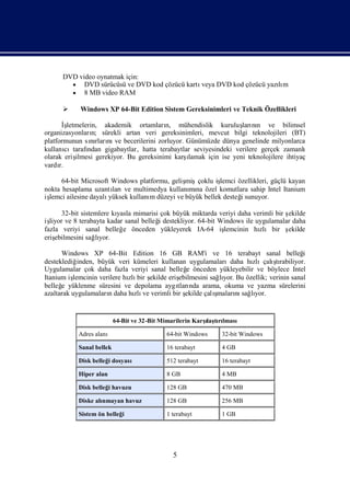 DVD video oynatmak için:
         DVD sürücüsü ve DVD kod çözücü kartıveya DVD kod çözücü yazım
                                                                     lı
         8 MB video RAM

           Windows XP 64-Bit Edition Sistem Gereksinimleri ve Teknik Özellikleri

       İ şletmelerin, akademik ortamları mühendislik kuruluş nı ve bilimsel
                                           n,                        ları n
organizasyonları sürekli artan veri gereksinimleri, mevcut bilgi teknolojileri (BT)
                   n;
platformunun sırları ve becerilerini zorluyor. Günümüzde dünya genelinde milyonlarca
                  nı nı
kullanı  cıtarafından gigabaytlar, hatta terabaytlar seviyesindeki verilere gerçek zamanlı
olarak eriş  ilmesi gerekiyor. Bu gereksinimi karş ı
                                                   lamak için ise yeni teknolojilere ihtiyaç
vardı r.

      64-bit Microsoft Windows platformu, gelişmişçoklu iş lemci özellikleri, güçlü kayan
nokta hesaplama uzantı ve multimedya kullanı na özel komutlara sahip Intel Itanium
                       ları                     mı
iş
 lemci ailesine dayalıyüksek kullanı düzeyi ve büyük bellek desteğsunuyor.
                                   m                              i

                          yasla mimarisi çok büyük miktarda veriyi daha verimli bir ş
       32-bit sistemlere kı                                                         ekilde
işliyor ve 8 terabayta kadar sanal belleğ destekliyor. 64-bit Windows ile uygulamalar daha
                                        i
fazla veriyi sanal belleğ önceden yükleyerek IA-64 iş
                            e                                  lemcinin hı zlıbir ş ekilde
erişebilmesini sağ yor.
                   lı

      Windows XP 64-Bit Edition 16 GB RAM'i ve 16 terabayt sanal belleğ                  i
desteklediğ inden, büyük veri kümeleri kullanan uygulamalarıdaha hı           ş
                                                                      zlıçalı rabiliyor.
                                                                               tı
Uygulamalar çok daha fazla veriyi sanal belleğ önceden yükleyebilir ve böylece Intel
                                                e
Itanium işlemcinin verilere hı bir ş
                             zlı ekilde eriş ebilmesini sağ yor. Bu özellik; verinin sanal
                                                           lı
belleğ yüklenme süresini ve depolama aygı nda arama, okuma ve yazma sürelerini
      e                                     tları
azaltarak uygulamalarıdaha hı ve verimli bir ş
                      n        zlı             ekilde çalış
                                                          maları sağ yor.
                                                                nı lı


                          64-Bit ve 32-Bit Mimarilerin Karş tılması
                                                          ı rı
                                                           laş

           Adres alanı                     64-bit Windows    32-bit Windows

           Sanal bellek                    16 terabayt       4 GB

           Disk belleğ dosyası
                      i                    512 terabayt      16 terabayt

           Hiper alan                      8 GB              4 MB

           Disk belleğ havuzu
                      i                    128 GB            470 MB

           Diske alı
                   nmayan havuz            128 GB            256 MB

           Sistem ön belleği               1 terabayt        1 GB




                                             5
 