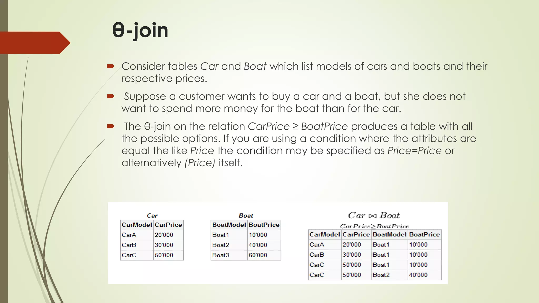 θ-join
 Consider tables Car and Boat which list models of cars and boats and their
respective prices.
 Suppose a customer wants to buy a car and a boat, but she does not
want to spend more money for the boat than for the car.
 The θ-join on the relation CarPrice ≥ BoatPrice produces a table with all
the possible options. If you are using a condition where the attributes are
equal the like Price the condition may be specified as Price=Price or
alternatively (Price) itself.
 