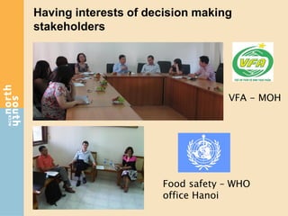 Having interests of decision making
stakeholders
VFA - MOH
Food safety – WHO
office Hanoi
 