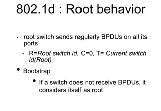 802.1d : Root behavior
• root switch sends regularly BPDUs on all its
ports
• R=Root switch id, C=0, T= Current switch
id(...