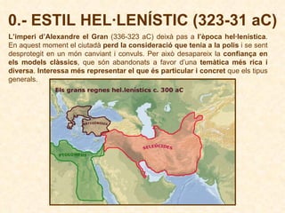 0.- ESTIL HEL·LENÍSTIC (323-31 aC) L’imperi d’Alexandre el Gran  (336-323 aC) deixà pas a  l’època hel·lenística . En aquest moment el ciutadà  perd la consideració que tenia a la polis  i se sent desprotegit en un món canviant i convuls. Per això desapareix la  confiança en els models clàssics , que són abandonats a favor d’una  temàtica més rica i diversa .  Interessa més representar el que és particular i concret  que els tipus generals.  