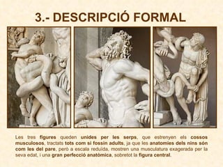 Les tres  figures  queden  unides per les serps , que estrenyen els  cossos musculosos , tractats  tots com si fossin adults , ja que les  anatomies dels nins són com les del pare , però a escala reduïda, mostren una musculatura exagerada per la seva edat, i una  gran perfecció anatòmica , sobretot la  figura central .  3.- DESCRIPCIÓ FORMAL 