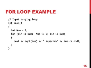 FOR LOOP EXAMPLE
// Input varying loop
int main()
{
int Num = 0;
for (cin >> Num; Num >= 0; cin >> Num)
{
cout << sqrt(Num) << " squared=" << Num << endl;
}
}
15
 