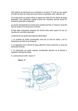 Otro sistema de lubricación es el mostrado en la figura 10. Este es muy usado
en todos los tipos de maquinaria para lubricar engranajes, ejes, cadenas, etc.
En la lubricación por goteo el flujo se regula por medio de una válvula de aguja
graduable. Una palanquita situada encima del recipiente permite poner en
marcha la lubricación o detenerla.
La porción transparente en la base de la aceitera permite un chequeo visual del
flujo de aceite en el mecanismo a lubricar.
El flujo debe chequearse después del servicio para estar seguro de que se
mantiene el suministro adecuado.
La lubricación por goteo tiene algunas desventajas:
1. La cantidad de aceite suministrado varía con el nivel de aceite y con la
temperatura de éste en el recipiente.
2. La regulación de la válvula de aguja alterarse incluso obstruirse a causa de
partículas extrañas.
3. La lubricación por goteo requiere considerable atención en el llenado y
regulación del flujo de aceite.
d. Lubricación por anillo. Figura 11
Figura 11
 