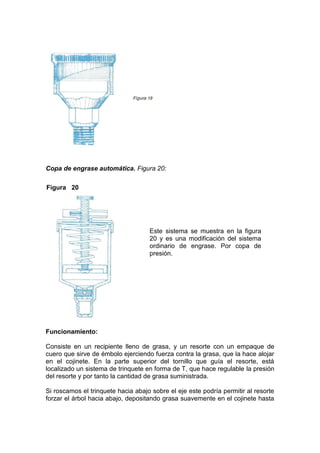 Copa de engrase automática. Figura 20:
Funcionamiento:
Consiste en un recipiente lleno de grasa, y un resorte con un empaque de
cuero que sirve de émbolo ejerciendo fuerza contra la grasa, que la hace alojar
en el cojinete. En la parte superior del tornillo que guía el resorte, está
localizado un sistema de trinquete en forma de T, que hace regulable la presión
del resorte y por tanto la cantidad de grasa suministrada.
Si roscamos el trinquete hacia abajo sobre el eje este podría permitir al resorte
forzar el árbol hacia abajo, depositando grasa suavemente en el cojinete hasta
Figura 20
Este sistema se muestra en la figura
20 y es una modificación del sistema
ordinario de engrase. Por copa de
presión.
 