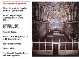 Documentació general

Títol: Volta de la Capella
Sixtina i Judici Final.

Autor: Miquel Àngel
(Caprese, 1475- Roma,
1564)....