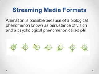 Streaming Media Formats
Animation is possible because of a biological
phenomenon known as persistence of vision
and a psychological phenomenon called phi
 