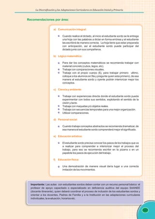 La Diversificación y las Adaptaciones Curriculares en Educación Inicial y Primaria
107
Recomendaciones por área:
a) Comunicación integral:
b) Lógico matemático:
c) Ciencia y ambiente:
d) Personal social:
e) Educación artística:
f) Educación física:
Cuando realice el dictado, al inicio al estudiante sordo se le entrega
una hoja con las palabras a dictar en forma errónea y el estudiante
las escribirá de manera correcta. La hoja tiene que estar preparada
con anticipación, así el estudiante sordo puede participar del
dictado junto con sus compañeros.
Para dar los conceptos matemáticos se recomienda trabajar con
material concreto (cubos, legos, etc).
Trabaje con comparaciones visuales.
Trabaje con el propio cuerpo (Ej. para trabajar primero ultimo,
coloque a los alumnos en fila y pregunte quien esta primero), de esa
manera el estudiante sordo y oyente podrán interiorizar mejor los
conceptos.
Trabaje con experiencias directa donde el estudiante sordo pueda
experimentar con todos sus sentidos, explotando el sentido de la
visión y tacto.
Trabaje con maquetas y/o objetos reales.
Trabaje con secuencias temporales para una mejor organización.
Utilizar comparaciones.
Cuando trabaje conceptos abstractos se recomienda dramatizar, de
esa manera el estudiante sordo comprenderá mejor el significado.
El estudiante sordo precisa conocer los pasos de los trabajos que va
a realizar para comprender e interiorizar mejor el proceso del
trabajo, para eso se recomienda escribir en la pizarra o en un
papelote los pasos de ejecución del trabajo.
Una demostración de manera visual daría lugar a una correcta
imitación de los movimientos.
Importante: Las aulas con estudiantes sordos deben contar con un recurso personal básico: el
profesor de apoyo capacitado o especializado en deficiencia auditiva del equipo SAANEE
(docente itinerante), quien deberá coordinar el proceso de inclusión de los estudiantes sordos y
orientar a los docentes, Padres de Familia y a la Institución en las adaptaciones curriculares
individuales, la evaluación, horarios etc.
 