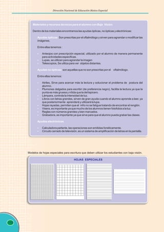 110
Dirección Nacional de Educación Básica Especial
Materiales y recursos técnicos para el alumno con Baja Visión.
Ayudas ópticas:
§
§
§
Ayudas no ópticas:
§
§
§
§
§
§
§
§
Ayudas electrónicas
§
§
Dentro de los materiales encontramos las ayudas ópticas, no ópticas y electrónicas:
Son prescritas por el oftalmólogo y sirven para agrandar o modificar las
imágenes.
Entre ellas tenemos :
Anteojos con prescripción especial, utilizado por el alumno de manera permanente
para actividades especificas.
Lupas, se utilizan para agrandar la imagen
Telescopios, Se utiliza para ver objetos distantes.
son aquellas que no son prescritas por el oftalmólogo.
Entre ellas tenemos:
Atriles, Sirve para acercar más la lectura y solucionar el problema de postura del
alumno.
Plumones delgados para escribir (de preferencia negro), facilita la lectura ya que la
punta es más gruesa y nítida que la del lapicero.
Lámpara, controla la intensidad de luz.
Libros con letras grandes, sirven de gran ayuda cuando el alumno aprende a leer, ya
que posteriormente aprenderá y utilizará la lupa.
Hojas rayadas, permiten que el niño no se fatigue tratando de encontrar el renglón.
Visera, es importante ya que mucho de los alumnos tienen fotofobia a la luz.
Reglas con números grandes y bien marcados.
Grabadora, es importante ya que sirve para que el alumno pueda grabar las clases.
Calculadora parlante, las operaciones son emitidas fonéticamente.
Circuito cerrado de televisión, es un sistema de amplificación de letras en la pantalla.
Modelos de hojas especiales para escritura que deben utilizar los estudiantes con baja visión.
HOJAS ESPECIALES
 