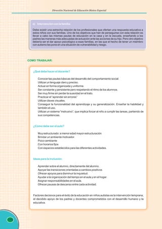 116
Dirección Nacional de Educación Básica Especial
e) Intervención con la familia:
Debe existir una estrecha relación de los profesionales que ofertan una respuesta educativa a
estos niños con sus familias. Uno de los objetivos que han de perseguirse con esta relación es
llevar a cabo las mismas pautas de educación en la casa y en la escuela, enseñando a los
padres las maneras más adecuadas de actuación ante las acciones de su hijo. Pero otro objetivo
debería ser el dar apoyo psicológico a esas familias, en las que el hecho de tener un miembro
con autismo les pone en una situación de vulnerabilidad y riesgo.
¿Qué debe hacer el docente?
¿Cómo debe ser el aula?
Ideas para la inclusión:
Conocer las pautas básicas del desarrollo del comportamiento social.
Utilizar un lenguaje claro y preciso.
Actuar en forma organizada y uniforme.
Ser constante y persistente pero respetando el ritmo de los alumnos.
Ser muy firme sin perder la suavidad en el trato.
Practicar el “aprender sin errores”
Utilizar claves visuales.
Conseguir la funcionalidad del aprendizaje y su generalización. Enseñar la habilidad y
también el uso.
Utilizar un sistema “instrusivo”, que implica forzar al niño a cumplir las tareas, partiendo de
sus competencias.
Muy estructurado: a menor edad mayor estructuración
Brindar un ambiente motivador.
Poco cambiante
Con horarios fijos
Con espacios establecidos para las diferentes actividades.
Aprender sobre el alumno, directamente del alumno.
Apoyar las transiciones orientadas a cambios positivos
Ofrecer apoyos para disminuir la inquietud.
Ayudar a la organización del tiempo en el aula y en el hogar.
Asignar responsabilidades en el aula.
Ofrecer pausas de descanso entre cada actividad.
Factores decisivos para el éxito de la educación en niños autistas es la intervención temprana,
el decidido apoyo de los padres y docentes comprometidos con el desarrollo humano y la
educativa.
COMO TRABAJAR:
 