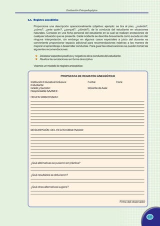 131
2.1. Registro anecdótico
Proporciona una descripción operacionalmente (objetiva; ejemplo: se tira al piso, ¿cuándo?,
¿cómo?, ¿ante quién?, ¿porqué?, ¿dónde?), de la conducta del estudiante en situaciones
naturales. Consiste en una ficha personal del estudiante en la cual se realizan anotaciones de
cualquier situación que se presenta. Cada incidente se describe brevemente como sucede sin dar
ninguna interpretación, sin embargo en algunos casos especiales a juicio del docente es
conveniente proporcionar espacio adicional para recomendaciones relativas a las manera de
mejorar el aprendizaje o desarrollar conductas. Para guiar las observaciones se pueden tomar las
siguientes recomendaciones:
Destacar aspectos positivos y negativos de la conducta del estudiante.
Realizar las anotaciones en forma descriptiva
Veamos un modelo de registro anecdótico:
PROPUESTA DE REGISTRO ANECDÓTICO
Institución Educativa Inclusiva: Fecha: Hora:
Estudiante:
Grado y Sección: Docente deAula:
Responsable SAANEE:
HECHO OBSERVADO:
____________________________________________________________________________
____________________________________________________________________________
____________________________________________________________________________
____________________________________________________________________________
____________________________________________________________________________
____________________________________________________________________________
____________________________________________________________________________
____________________________________________________________________________
____________________________________________________________________________
DESCRIPCIÓN DELHECHO OBSERVADO:
____________________________________________________________________________
____________________________________________________________________________
____________________________________________________________________________
____________________________________________________________________________
____________________________________________________________________________
____________________________________________________________________________
____________________________________________________________________________
____________________________________________________________________________
____________________________________________________________________________
¿Qué alternativas se pusieron en práctica?
____________________________________________________________________________
____________________________________________________________________________
¿Qué resultados se obtuvieron?
____________________________________________________________________________
____________________________________________________________________________
¿Qué otras alternativas sugiere?
____________________________________________________________________________
____________________________________________________________________________
_________________
Firma del observador
Evaluación Psicopedagógica
 
