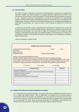 132
Dirección Nacional de Educación Básica Especial
MODELO DE LISTA DE COTEJO
Institución Educativa Inclusiva: Fecha: Hora:
Estudiante:
Grado y Sección:
Docente deAula: Responsable SAANEE:
Aspecto: Conducta del estudiante en el aula.
Variable: Relación del estudiante con sus compañeros durante los trabajos grupales.
Instrucciones: Te pedimos que contestes con toda sinceridad y objetividad tratando de ser lo más
veraz posible. Esta información es vital porque nos permite tener mejores criterios para conocer a
tus alumnos. Se puntuará cada uno de los ítems, atendiendo a la siguiente escala de valores:
(1 ) Nunca ( 2 ) A veces ( 3 ) Siempre
Indicadores (Ítems)
Interrumpeeltrabajogrupal
Distraeasuscompañerosconsusbromasocomentariosqueserelacionanaltemadelgrupo
Aceptaopinionesdesuscompañeros
Dialogaconsuscompañeros
Hacepropuestasparalaejecucióndetrabajosgrupales
Valoración
2.3. Registro de la Docente Inclusiva (Cuaderno de Campo)
Es un instrumento de recopilación de datos, que implica la descripción detallada de acontecimientos y
es un análisis del trabajo docente. Para su elaboración es necesario que el docente tenga un
conocimiento claro de los procesos de enseñanza, de como procesa la información el niño, cómo
estructura sus ideas, etc. Para dar cuenta de lo sucedido en clase y su repercusión en el aprendizaje
de los estudiantes. Por tanto, exige del docente desarrollar sus habilidades metacognitivas para
plasmarlas en este instrumento. Este registro se llevará a cabo de manera trimestral.
2.2. Lista de Cotejo
Son listas de frases u oraciones que expresan operacionalmente conductas, que pueden tener
valoración múltiple. Son fáciles de aplicar y nos puede identificar objetivamente si existe o no la
conducta en casos precisos y como se presenta. Para ello decidiremos los aspectos a observar.
Por Ej.: “Queremos reconocer características de conducta del estudiante con Discapacidad
Auditiva en el aula”: Determinamos variables que pueden ser la relación con sus compañeros en el
trabajo grupal, individual, relación con el docente, participación en actividades permanentes, en
actividades de aprendizaje, etc. A partir de estas u otras variables se elaboran los indicadores
(ítems).
La redacción será sencilla, directa y preferentemente expresados en verbos de 3ra. persona del
singular. Luego haremos un cuadro de doble entrada, colocando en un sentido los ítems y en el otro
la valoración del indicador. Se usa la lista de cotejo en la evaluación de los niveles de logros
referidos a capacidades como las relaciones interpersonales, la comunicación oral, su relación con
el ambiente y además en la evaluación de estilos de aprendizaje y de las inteligencias múltiples o
talentos diferenciales.
Veamos un Modelo de Lista de Cotejo:
 