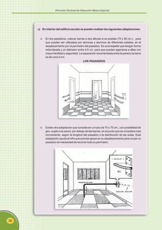 Dirección Nacional de Educación Básica Especial
38
c) En interior del edificio escolar se pueden realizar las siguientes adaptaciones:
En los pasadizos, colocar barras a dos alturas si es posible (75 y 90 cm.), para
que puedan ser utilizadas por alumnas y alumnos de diferentes edades, en el
desplazamiento por el perímetro del pasadizo. Es aconsejable que tengan forma
redondeada y un diámetro entre 4-5 cm. para que puedan agarrarse a ellas con
mayor facilidad y seguridad. La separación recomendada entre la pared y la barra
es de unos 5 cm.
LOS PASADIZOS
Existe otra adaptación que consiste en un tubo de 70 x 70 cm., con posibilidad de
giro, sujeto a la pared, por debajo de las barras, en el punto que se considera más
conveniente, según la longitud del pasadizo o la distribución de las aulas. Esta
adaptación ayuda al niño que precisa apoyo en su desplazamiento para cruzar un
pasadizo sin necesidad de recorrer todo su perímetro.
 
