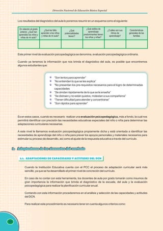 90
Dirección Nacional de Educación Básica Especial
Los resultados del diagnóstico del aula lo ponemos resumir en un esquema como el siguiente:
En relación al grado
anterior, ¿Qué han
aprendido los niños y
niñas de mi aula?
¿Qué les falta
aprender a los niños
y niñas de mi aula?
¿Qué
potencialidades
tienen?
¿Qué estilos de
aprendizaje
predominantes tienen
los niños y niñas?
¿Cuáles son sus
ritmos de
aprendizaje?
Características
generales de las
familias
Este primer nivel de evaluación psicopedagógica se denomina, evaluación psicopedagógica ordinaria.
Cuando ya tenemos la información que nos brinda el diagnóstico del aula, es posible que encontremos
algunos estudiantes que:
“Son lentos para aprender”
“No entienden lo que se les explica”
“No presentan los pre-requisitos necesarios para el logro de determinadas
capacidades
“Se olvidan rápidamente de lo que se le enseña”
“Se distraen y no están quietos, molestan a sus compañeros”
“Tienen dificultad para atender y concentrarse”
“Son rápidos para aprender”
Es en estos casos, cuando es necesario realizar una evaluación psicopedagógica, más a fondo, la cual nos
permitirá identificar con precisión las necesidades educativas especiales del niño o niña para determinar las
adaptaciones curriculares necesarias.
A este nivel le llamamos evaluación psicopedagógica propiamente dicha y está orientada a identificar las
necesidades de aprendizaje del niño o niña para prever los apoyos personales y materiales necesarios para
estimular su proceso de desarrollo, así como el ajuste de la respuesta educativa a través del currículo.
3. Adaptaciones de los elementos del currículo
Cuando la Institución Educativa cuenta con el PCC el proceso de adaptación curricular será más
sencillo, ya que se ha desarrollado el primer nivel de concreción del currículo.
En caso de no contar con esta herramienta, los docentes de aula por grado tomarán como insumos de
gran importancia la información que brinda el diagnóstico de la escuela, del aula y la evaluación
psicopedagógica para realizar la planificación curricular anual.
Contando con esta información procederemos en el análisis y selección de las capacidades y actitudes
del DCN.
Para realizar este procedimiento es necesario tener en cuenta algunos criterios como:
3.1. ADAPTACIONES DE CAPACIDADES Y ACTITUDES DEL DCN
 