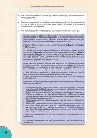 92
Dirección Nacional de Educación Básica Especial
El DCN presenta un enfoque curricular por logros de aprendizaje y capacidades en Inicial,
Primaria y Secundaria.
Tengamos en cuenta que el conjunto de capacidades de cada logro de aprendizaje que
propone el DCN en cada una de las áreas, incluyen contenidos conceptuales o
procedimentales, indistintamente.
Para el proceso de análisis y adaptación curricular es necesario tener en cuenta que:
Recogemos el aporte de Benjamín Bloom (USA 1948) quien plantea una clasificación
de las habilidades de pensamiento organizadas en una jerarquía del nivel más simple
al más complejo, conocida como la Taxonomía de Bloom. Esta Taxonomía, aunque no
es la única, es la más utilizada por muchos educadores en el mundo.
El trabajo de Bloom considera tres Dominios deAprendizaje: el Cognitivo, elAfectivo
y el Psicomotor.
La taxonomía del dominio cognitivo comprende 6 categorías: Conocer o recordar
información, Comprender o entender conceptos, Aplicar el conocimiento, Analizar
una situación, Sintetizar información sobre una situación dada y Evaluar la
información obtenida.Aestos 6 niveles propuestos por Bloom se ha agregado un nivel
mayor, Crear o generar propuestas o productos nuevos con los conocimientos con los
que se cuenta (propuesto porAnderson en 2001)
A cada nivel de la taxonomía le corresponde un conjunto de habilidades expresadas
en verbos en infinitivo. Presentamos un cuadro con los 7 niveles de pensamiento y las
habilidades que le corresponden a cada nivel que, nos ayudará además, en la
formulación de indicadores de logro de las capacidades adaptadas.
En este documento presentamos la taxonomía del dominio cognitivo la cual nos
servirá para adaptar el nivel de habilidad de las capacidades del DCN.
Ubicada la habilidad planteada el DCN, podremos subir o bajar el nivel de la capacidad
según sea el caso.
Las razones por las cuales hemos adoptado la taxonomía de Blomm en el proceso de
adaptación curricular son:
§
Contribuye a identificar claramente el nivel de pensamiento en el que se encuentra
una determinada habilidad, y propone un conjunto de habilidades que corres-
ponden a cada nivel de pensamiento.
§
Aporta en la selección adecuada de estrategias metodológicas, materiales y
contenidos para llevar a cabo el proceso de aprendizaje y enseñanza. Sin saber
qué nivel de habilidades queremos desarrollar en los estudiantes es difícil escoger
los medios apropiados para lograrlo.
§
Facilita la elaboración de indicadores precisos para el proceso de evaluación del
aprendizaje.
§
Propicia que los estudiantes accedan a diferentes oportunidades para organizar
sus propios esfuerzos hacia el logro de las competencias previstas para ellos. Si a
los estudiantes se les proporciona las estrategias y procedimientos graduados
para desarrollar una capacidad, pueden vivir su proceso según su ritmo, estilo de
aprendizaje y posibilidades personales.
A continuación describimos cada nivel de pensamiento y las habilidades que le
corresponden:
A continuación describimos cada nivel de pensamiento y las habilidades que le
corresponden:
 