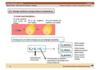 Física e Química A – 10º ano                                                                                      Unidade 1
Módulo Inicial – Das Fontes de Energia ao utilizador                   Situação energética mundial e degradação da energia



    2.2. Energia mecânica, energia interna e temperatura

            A nível macroscópico...
           12 g de carbono
           num vidro de 32 g de oxigénio               44 g de dióxido de
           relógio         num balão                   carbono num balão




          A energia de um sistema designa-se por energia mecânica
                                                                                              Entre corpos
                                                                            Ep eléctrica      electrizados

                                      Em= Ec + Ep                                             Entre corpos
                                                                            Ep elástica       elásticos quando
                                                                                              deformados
                                                                            Ep gravítica      Entre corpos
                                                                                              devido à sua
                                        Associada ao    Armazenada no sistema,
                                        movimento                                             massa
                                                        associada à interacção com
                                                        outros sistemas

     4                                                                        Escola Secundária de Almeida Garrett
 