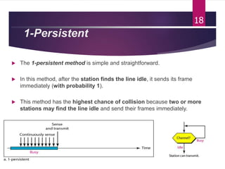 1-Persistent
 The 1-persistent method is simple and straightforward.
 In this method, after the station finds the line idle, it sends its frame
immediately (with probability 1).
 This method has the highest chance of collision because two or more
stations may find the line idle and send their frames immediately.
18
 