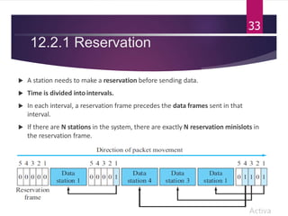 12.2.1 Reservation
 A station needs to make a reservation before sending data.
 Time is divided into intervals.
 In each interval, a reservation frame precedes the data frames sent in that
interval.
 If there are N stations in the system, there are exactly N reservation minislots in
the reservation frame.
33
 