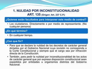 1. NULIDAD POR INCONSTITUCIONALIDAD
              ART. 135 (Origen: Art. 237 C.P.)
¿Quienes están facultados para interponer este medio de control?
 • Los ciudadanos. Directamente o por medio de representante. (No
   cualquier persona)
¿En qué término?
 • En cualquier tiempo.

¿Con que fin?
 • Para que se declare la nulidad de los decretos de carácter general
   dictados por el Gobierno Nacional cuya revisión no corresponda a
   la Corte Constitucional y siempre que el cargo sea por infracción
   directa de la Constitución.
 • También, para pedir la nulidad por inconstitucionalidad de los actos
   de carácter general que por expresa disposición constitucional sean
   expedidos por entidades u organismos distintos del Gobierno
   Nacional.
 