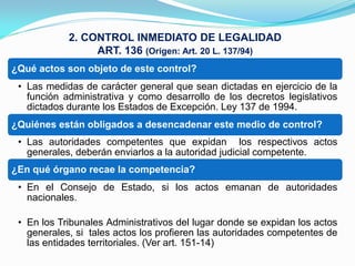 2. CONTROL INMEDIATO DE LEGALIDAD
                 ART. 136 (Origen: Art. 20 L. 137/94)
¿Qué actos son objeto de este control?
 • Las medidas de carácter general que sean dictadas en ejercicio de la
   función administrativa y como desarrollo de los decretos legislativos
   dictados durante los Estados de Excepción. Ley 137 de 1994.
¿Quiénes están obligados a desencadenar este medio de control?
 • Las autoridades competentes que expidan los respectivos actos
   generales, deberán enviarlos a la autoridad judicial competente.
¿En qué órgano recae la competencia?
 • En el Consejo de Estado, si los actos emanan de autoridades
   nacionales.

 • En los Tribunales Administrativos del lugar donde se expidan los actos
   generales, si tales actos los profieren las autoridades competentes de
   las entidades territoriales. (Ver art. 151-14)
 