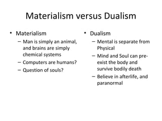 Materialism versus Dualism
• Materialism
– Man is simply an animal,
and brains are simply
chemical systems
– Computers are humans?
– Question of souls?
• Dualism
– Mental is separate from
Physical
– Mind and Soul can pre-
exist the body and
survive bodily death
– Believe in afterlife, and
paranormal
 