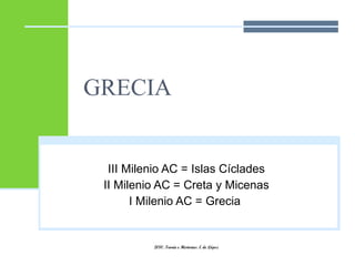 GRECIA III Milenio AC = Islas Cíclades II Milenio AC = Creta y Micenas I Milenio AC = Grecia  2010. Teoría e Historias. E de López 