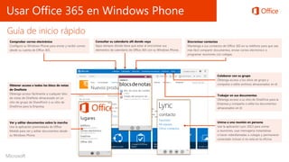 Usar Office 365 en Windows Phone
Guía de inicio rápido
Comprobar correo electrónico
Configure su Windows Phone para enviar y recibir correo
desde su cuenta de Office 365.
Obtener acceso a todos los blocs de notas
de OneNote
Obtenga acceso fácilmente a cualquier bloc
de notas de OneNote almacenado en un
sitio de grupo de SharePoint o su sitio de
OneDrive para la Empresa.
Consultar su calendario allí donde vaya
Sepa siempre dónde tiene que estar al sincronizar sus
elementos de calendario de Office 365 con su Windows Phone.
Unirse a una reunión en persona
Use la aplicación Lync 2013 para unirse
a reuniones, usar mensajería instantánea
o hacer videollamadas a colegas y permanecer
conectado incluso si no está en la oficina.
Sincronizar contactos
Mantenga a sus contactos de Office 365 en su teléfono para que sea
más fácil compartir documentos, enviar correo electrónico o
programar reuniones con colegas.
Trabajar en sus documentos
Obtenga acceso a su sitio de OneDrive para la
Empresa y comparta o edite los documentos
almacenados en él.
Colaborar con su grupo
Obtenga acceso a los sitios de grupo y
comparta o edite archivos almacenados en él.
Ver y editar documentos sobre la marcha
Use la aplicación preinstalada de Office
Mobile para ver y editar documentos desde
su Windows Phone.
 