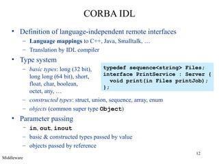 12
CORBA IDL
• Definition of language-independent remote interfaces
– Language mappings to C++, Java, Smalltalk, …
– Translation by IDL compiler
• Type system
– basic types: long (32 bit),
long long (64 bit), short,
float, char, boolean,
octet, any, …
– constructed types: struct, union, sequence, array, enum
– objects (common super type Object)
• Parameter passing
– in, out, inout
– basic & constructed types passed by value
– objects passed by reference
typedef sequence<string> Files;
interface PrintService : Server {
void print(in Files printJob);
};
Middleware
 