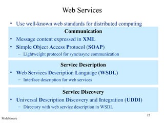 22
Web Services
• Use well-known web standards for distributed computing
Communication
• Message content expressed in XML
• Simple Object Access Protocol (SOAP)
– Lightweight protocol for sync/async communication
Service Description
• Web Services Description Language (WSDL)
– Interface description for web services
Service Discovery
• Universal Description Discovery and Integration (UDDI)
– Directory with web service description in WSDL
Middleware
 