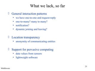25
What we lack, so far
 General interaction patterns
• we have one-to-one and request-reply
• one-to-many? many to many?
• notification?
• dynamic joining and leaving?
 Location transparency
• anonymity of communicating entities
 Support for pervasive computing
• data values from sensors
• lightweight software
Middleware
 