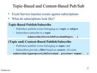 27
Topic-Based and Content-Based Pub/Sub
• Event Service matches events against subscriptions
• What do subscriptions look like?
Topic-Based Publish/Subscribe
– Publishers publish events belonging to a topic or subject
– Subscribers subscribe to a topic
subscribe(PrintJobFinishedTopic, …)
(Topic and) Content-Based Publish/Subscribe
– Publishers publish events belonging to topics and
– Subscribers provide a filter based on content of events
subscribe(type=printjobfinished, printer=‘aspen’, …)
Middleware
 