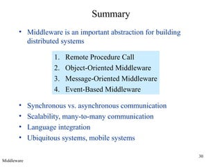30
Summary
• Middleware is an important abstraction for building
distributed systems
• Synchronous vs. asynchronous communication
• Scalability, many-to-many communication
• Language integration
• Ubiquitous systems, mobile systems
1. Remote Procedure Call
2. Object-Oriented Middleware
3. Message-Oriented Middleware
4. Event-Based Middleware
Middleware
 