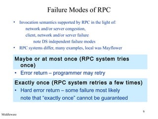 6
Failure Modes of RPC
• Invocation semantics supported by RPC in the light of:
network and/or server congestion,
client, network and/or server failure
note DS independent failure modes
• RPC systems differ, many examples, local was Mayflower
Exactly once (RPC system retries a few times)
• Hard error return – some failure most likely
note that “exactly once” cannot be guaranteed
Maybe or at most once (RPC system tries
once)
• Error return – programmer may retry
Middleware
 