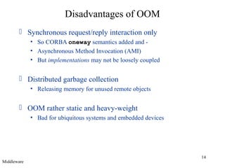 Disadvantages of OOM
 Synchronous request/reply interaction only
• So CORBA oneway semantics added and • Asynchronous Method Invocation (AMI)
• But implementations may not be loosely coupled

 Distributed garbage collection
• Releasing memory for unused remote objects

 OOM rather static and heavy-weight
• Bad for ubiquitous systems and embedded devices

Middleware

14

 