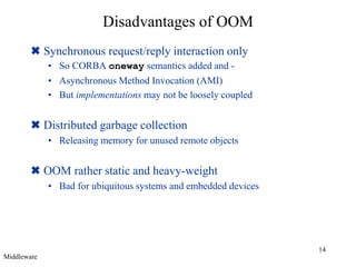 14
Disadvantages of OOM
 Synchronous request/reply interaction only
• So CORBA oneway semantics added and -
• Asynchronous Method Invocation (AMI)
• But implementations may not be loosely coupled
 Distributed garbage collection
• Releasing memory for unused remote objects
 OOM rather static and heavy-weight
• Bad for ubiquitous systems and embedded devices
Middleware
 