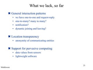 25
What we lack, so far
 General interaction patterns
• we have one-to-one and request-reply
• one-to-many? many to many?
• notification?
• dynamic joining and leaving?
 Location transparency
• anonymity of communicating entities
 Support for pervasive computing
• data values from sensors
• lightweight software
Middleware
 