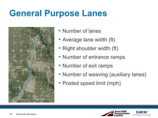 General Purpose Lanes
• Number of lanes
• Average lane width (ft)
• Right shoulder width (ft)
• Number of entrance ramps
• Number of exit ramps
• Number of weaving (auxiliary lanes)
• Posted speed limit (mph)
Business Sensitive14
 