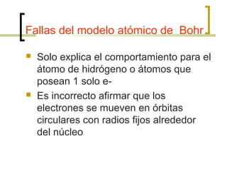 Fallas del modelo atómico de Bohr
 Solo explica el comportamiento para el
átomo de hidrógeno o átomos que
posean 1 solo e-
 Es incorrecto afirmar que los
electrones se mueven en órbitas
circulares con radios fijos alrededor
del núcleo
 