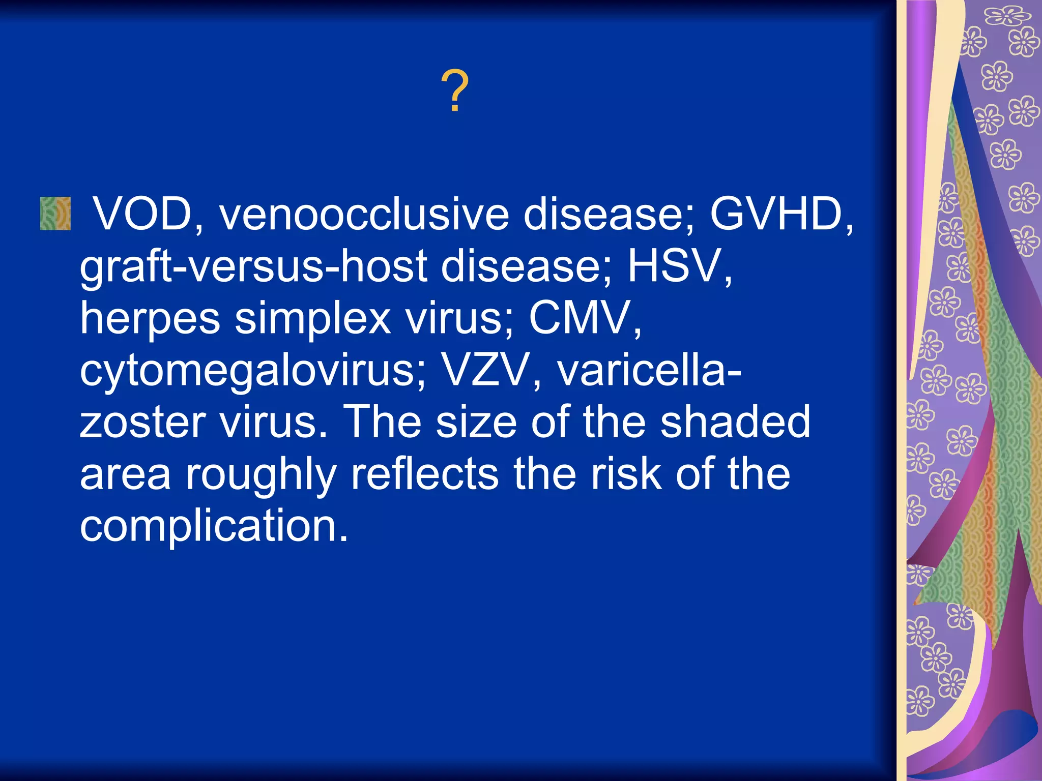 ? VOD, venoocclusive disease; GVHD, graft-versus-host disease; HSV, herpes simplex virus; CMV, cytomegalovirus; VZV, varicella-zoster virus. The size of the shaded area roughly reflects the risk of the complication. 