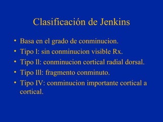 Clasificación   de Jenkins Basa en el grado de conminucion. Tipo l: sin conminucion visible Rx. Tipo ll: conminucion cortical radial dorsal. Tipo lll: fragmento conminuto. Tipo IV: conminucion importante cortical a cortical. 