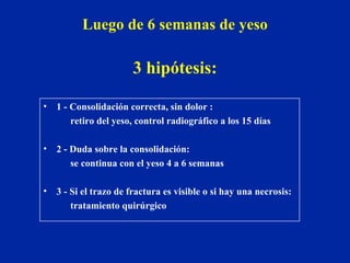 Luego de 6 semanas de yeso 3 hipótesis: 1 - Consolidación correcta, sin dolor :  retiro del yeso, control radiográfico a los 15 días 2 - Duda sobre la consolidación:  se continua con el yeso 4 a 6 semanas 3 - Si el trazo de fractura es visible o si hay una necrosis: tratamiento quirúrgico 
