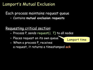 Lamport’s Mutual Exclusion Each process maintains request queue Contains  mutual exclusion requests Requesting critical section : Process P i  sends  request( i ,  T i )  to all nodes Places request on its own queue When a process P j  receives a request, it returns a timestamped  ack Lamport time 
