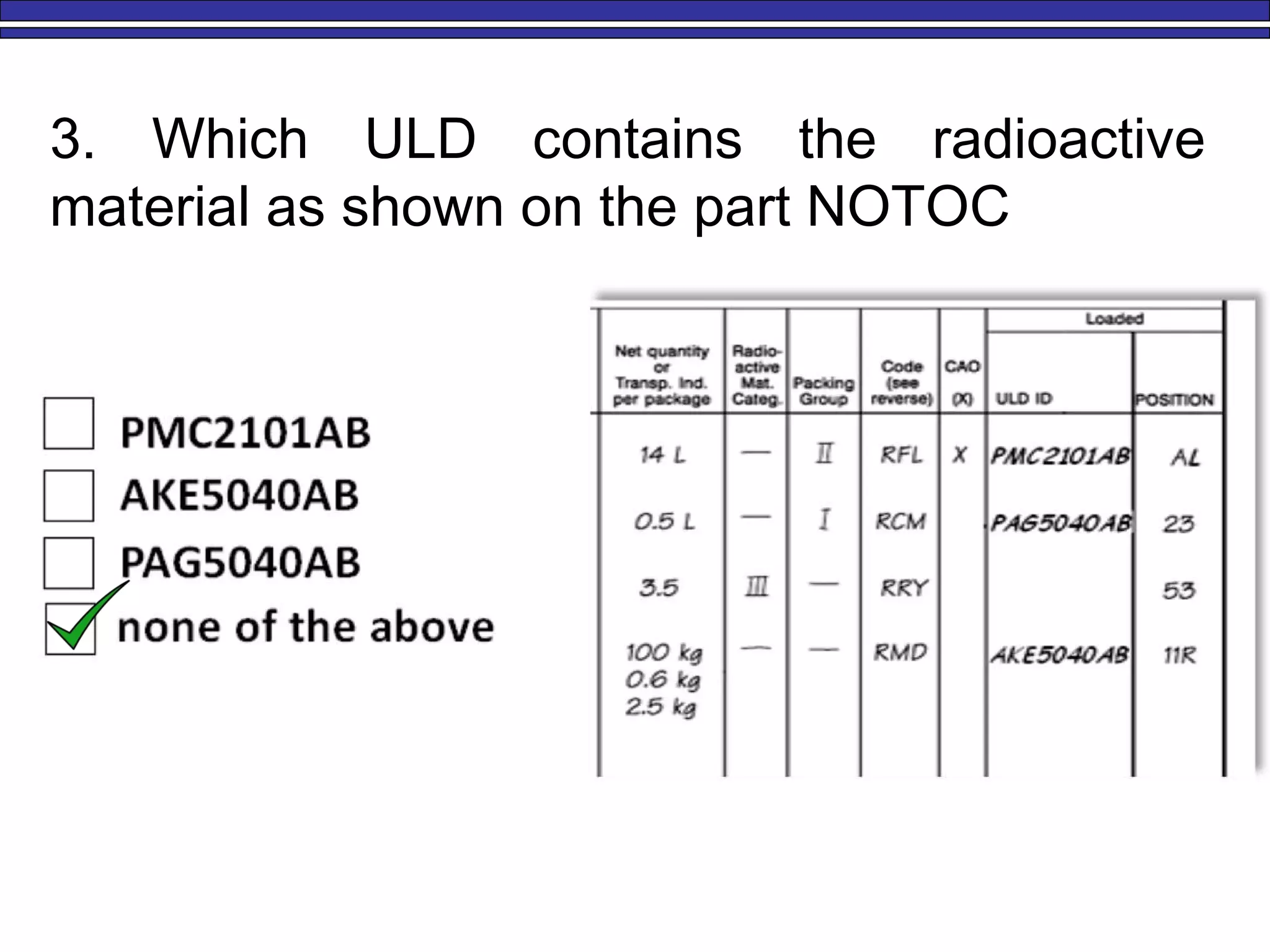 3. Which ULD contains the radioactive
material as shown on the part NOTOC
 