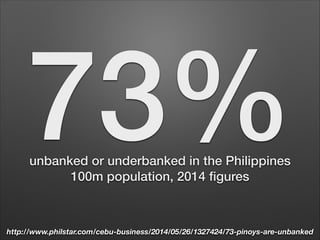 73%unbanked or underbanked in the Philippines
100m population, 2014 ﬁgures
http://www.philstar.com/cebu-business/2014/05/26/1327424/73-pinoys-are-unbanked
 