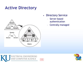 11
Active Directory
• Directory Service
– Server-based
authentication
– Centrally managed
 