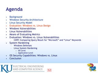 52
Agenda
• Background
• Windows Security Architecture
• Linux Security Model
• Evaluation: Windows vs. Linux Design
• Win...