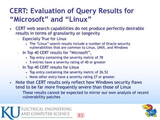 83
CERT: Evaluation of Query Results for
“Microsoft” and “Linux”
• CERT web search capabilities do not produce perfectly d...